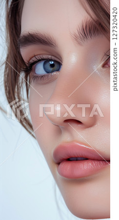 cosmetology beauty salon banner with copy space, beautiful woman face, lip augmentation, skincare, lashes brows lamination 127320420