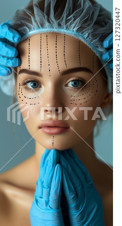 cosmetology beauty salon banner with copy space, woman's face with lines, face surgery, doctor's hands 127320447
