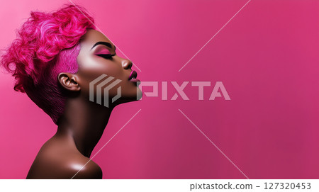 Black woman with pink hair, banner copy space, hair dyeing, beauty salon, procedures 127320453