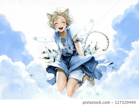 笑著跳起來的貓仙子的插畫素材 127320499