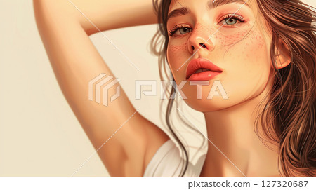 banner with copy space, woman with smooth skin in armpits, laser depilation, hair removal, sugaring, wax, waxing, razor 127320687