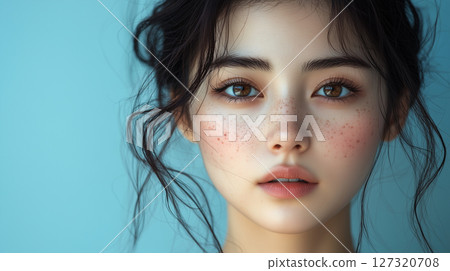 Banner with copy space, Asian teenager with problematic skin, cosmetology, woman acne, dermatology treatment Banner with copy space, Asian teenager with problematic skin, cosmetology, woman acne, dermatology treatment 127320708
