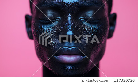 Banner with copy space, close-up of Black man with a cosmetic mask on her face, cosmetology beauty 127320726