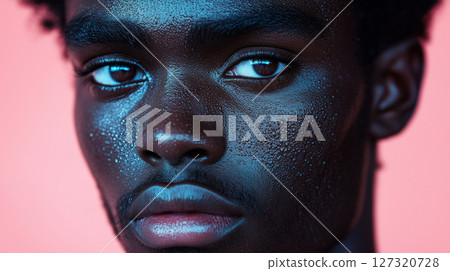 Banner with copy space, close-up of Black man with a cosmetic mask on her face, cosmetology beauty 127320728