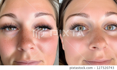 Woman, Cosmetology Beauty Procedures, Banner with copy space, eyelash extensions, before and after Woman, Cosmetology Beauty Procedures, Banner with copy space, eyelash extensions, before and after 127320743