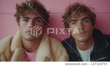Two twin brothers, Europeans, light curly hair, blue eyes, modern youth 127320755