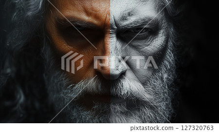 Close-up of older man, elderly, meaningful gaze skin aging, black and white warrior 127320763