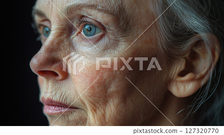 Close-up of older woman, elderly, meaningful gaze skin aging Close-up of older woman, elderly, meaningful gaze skin aging 127320770