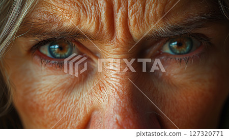 Close-up of older woman's gaze, elderly, meaningful look Close-up of older woman's gaze, elderly, meaningful look 127320771