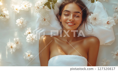 Banner with copy space, woman face mask, spa treatments, towel, cosmetology, beauty procedures 127320817