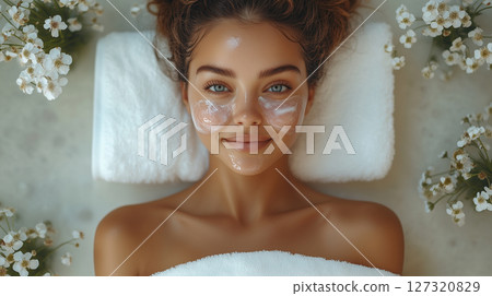 Banner with copy space, woman face, spa treatments, towel, cosmetology, beauty procedures 127320829