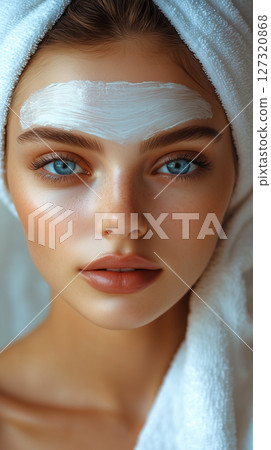 Banner with copy space, woman face mask, spa treatments, towel, cosmetology, beauty procedures 127320868