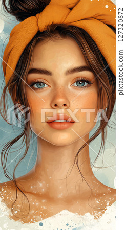 Banner with copy space, woman face, spa treatments, towel, cosmetology, beauty procedures 127320872