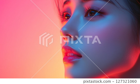New Year, Christmas minimalist cosmetology banner with copy space, clean background, Asian woman, beauty industry 127321060