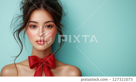 New Year, Christmas minimalist cosmetology banner with copy space, clean background, Asian woman, beauty industry 127321073