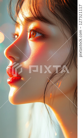 New Year, Christmas minimalist cosmetology banner with copy space, clean background, Asian woman, beauty industry 127321117