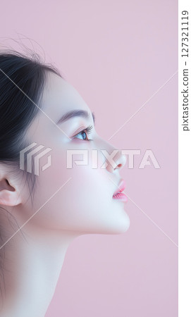 New Year, Christmas minimalist cosmetology banner with copy space, clean background, Asian woman, beauty industry 127321119