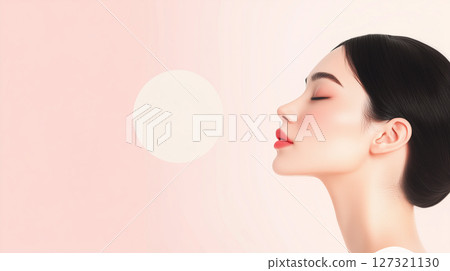 New Year, Christmas minimalist cosmetology banner with copy space, clean background, Asian woman, beauty industry 127321130