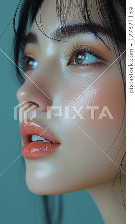 New Year, Christmas minimalist cosmetology banner with copy space, clean background, Asian woman, beauty industry 127321139