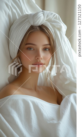 Banner with copy space, woman face, spa treatments, towel, cosmetology, beauty procedures 127321150