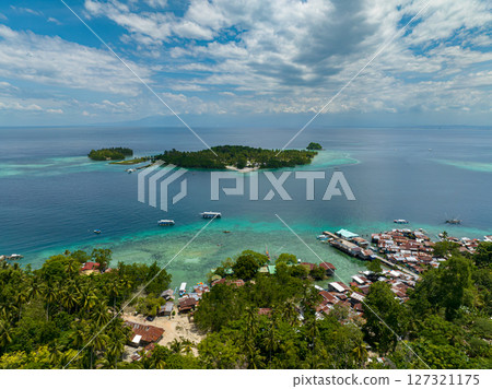 Tropical island with coconut tree in coastal area. Samal Island. Davao, Philippines. 127321175