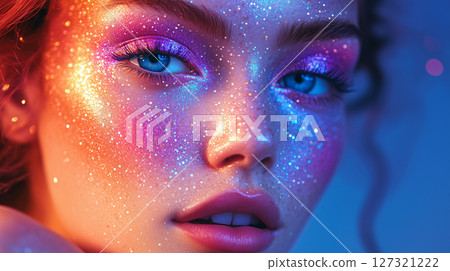 A woman with bright sparkling star makeup, glitter, astrology banner with copy space 127321222