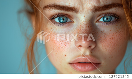 Cosmetology banner copy space, girl woman with pimples, acne, dermatological treatment 127321245
