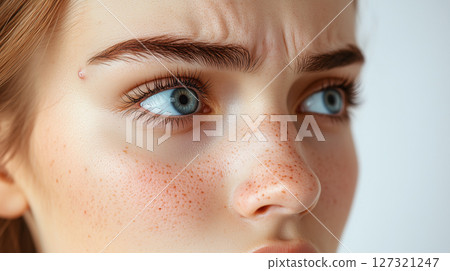 Cosmetology banner copy space, girl woman with pimples, acne, dermatological treatment 127321247