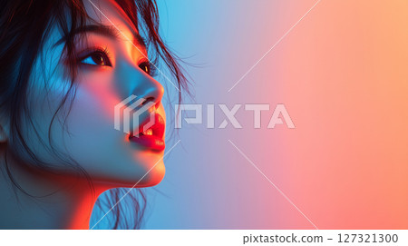 New Year, Christmas minimalist cosmetology banner with copy space, clean background, Asian woman, beauty industry 127321300