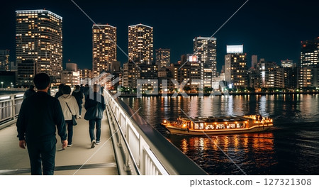 人們過橋,船屋順流而下 人們過橋,船屋順流而下 127321308