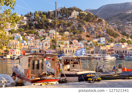 Fishing boat in harbor of Symi, Greece 127321341
