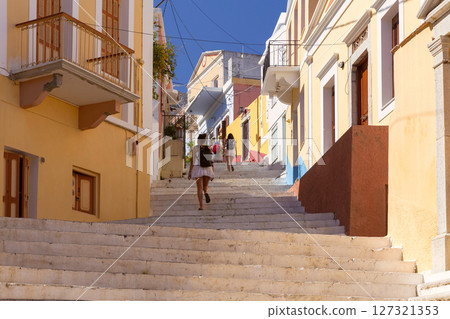 Stone stair street in Symi, Greece 127321353