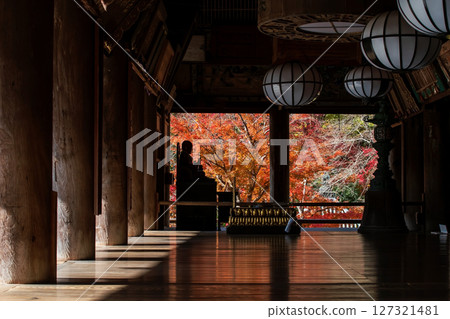 Silhouette Buddha statue in Hasedera temple hall at fall, Nara 127321481