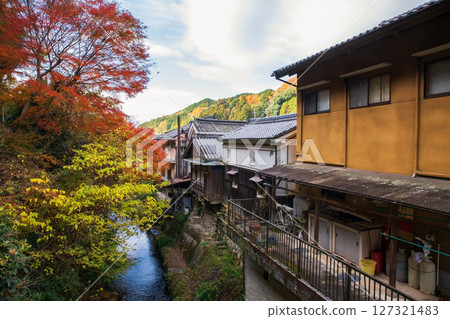 Japanese houses along canal and autumn leaf colors at Sakurai city, Nara 127321483