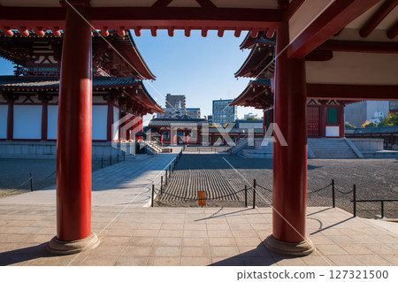 Shitennoji Temple hall against blue sky at autumn, Osaka, Japan 127321500