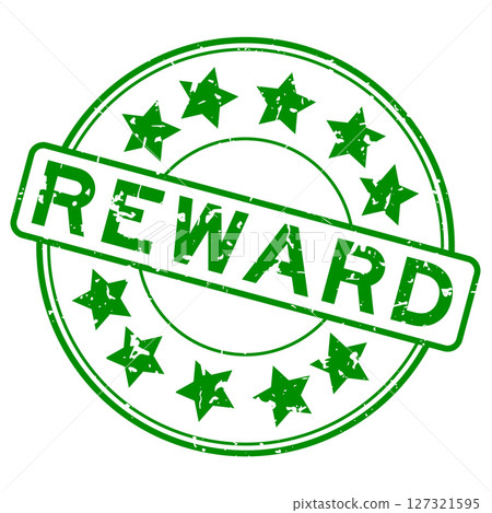 Grunge green reward word with star icon round rubber seal stamp on white background 127321595