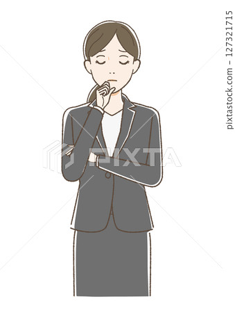 A woman in a suit thinking with her hand on her chin A woman in a suit thinking with her hand on her chin 127321715