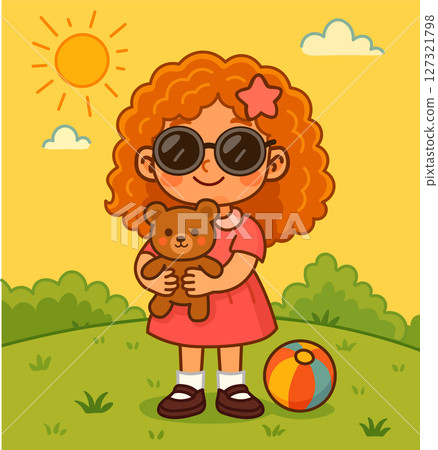 Cute red-haired girl with sunglasses hugging a teddy bear, standing on green grass with a ball under the sunny sky. Bright summer day cartoon illustration. Cute red-haired girl with sunglasses hugging a teddy bear, standing on green grass with a ball under the sunny sky. Bright summer day cartoon illustration. 127321798