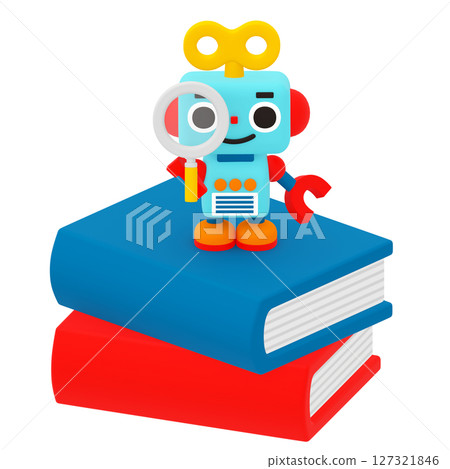 A cute robot with a magnifying glass sitting on a book 127321846