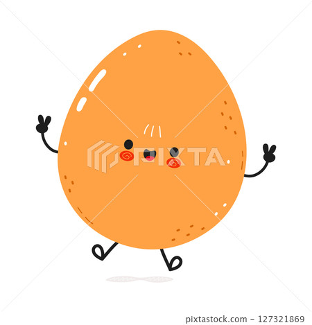 A cheerful cartoon Egg character giving the peace sign on a white background. 127321869