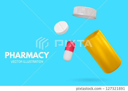 Pharmacy poster, banner with 3d Realistic Pharmaceutical Bottle and capsule pill tablet. Advertising for hospital or pharmaceutical company. Sign for pharmacy. Vector illustration Pharmacy poster, banner with 3d Realistic Pharmaceutical Bottle and capsule pill tablet. Advertising for hospital or pharmaceutical company. Sign for pharmacy. Vector illustration 127321891