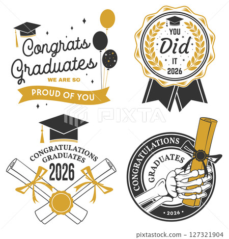 Set of Vector Class of 2026 badges. Vector illustration. Concept for shirt, print, seal, overlay or stamp, greeting, invitation card. Typography design. For class of 2026 graduation. 127321904