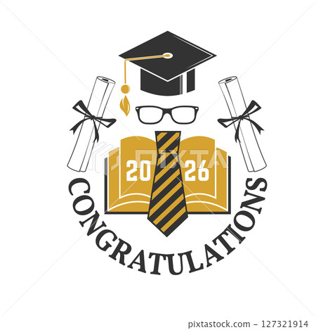 Vector Class of 2026 badge. Concept for shirt, print, seal, overlay or stamp, greeting, invitation card. Typography design- stock vector. Graduation design with cap, tie, diploma, glasses and book Vector Class of 2026 badge. Concept for shirt, print, seal, overlay or stamp, greeting, invitation card. Typography design- stock vector. Graduation design with cap, tie, diploma, glasses and book 127321914