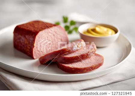 Steak slices on marble platter 127321945