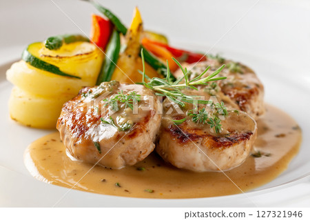Plated fine dining style with sides. Western food concept 127321946