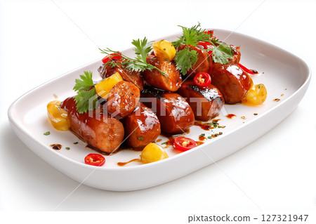 Side view of steak slices on wooden platter 127321947