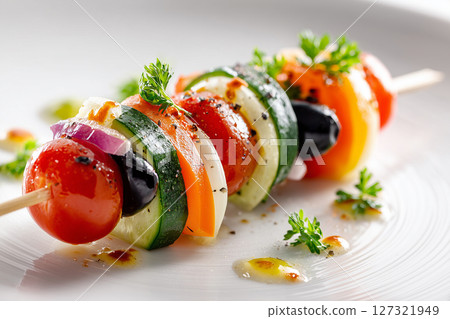 Skewers with cherry tomatoes, bell peppers, and herbs. 127321949