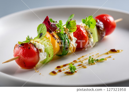 Skewers plated on white with a fancy touch. Skewers plated on white with a fancy touch. 127321958