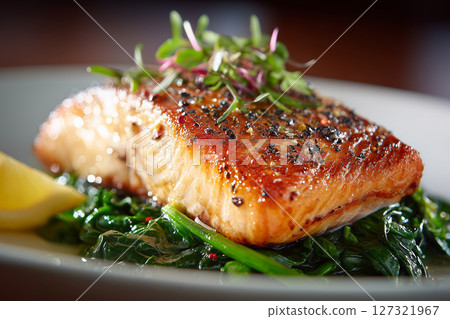 Grilled fish filet with crispy skin on greens. Grilled fish filet with crispy skin on greens. 127321967