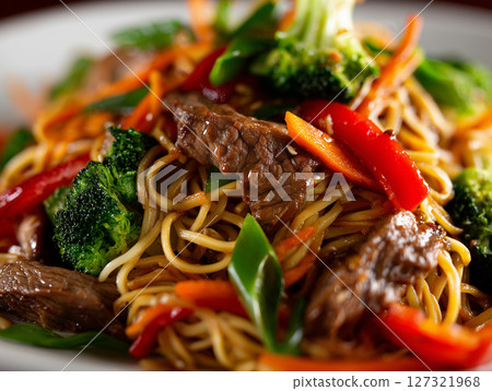 Asian style stir fry noodles with garnish. Asian style stir fry noodles with garnish. 127321968